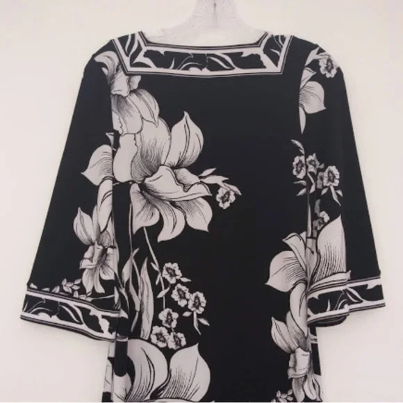 WHBM square neck dark floral print tunic dress bell sleeves - Picture 3 of 3